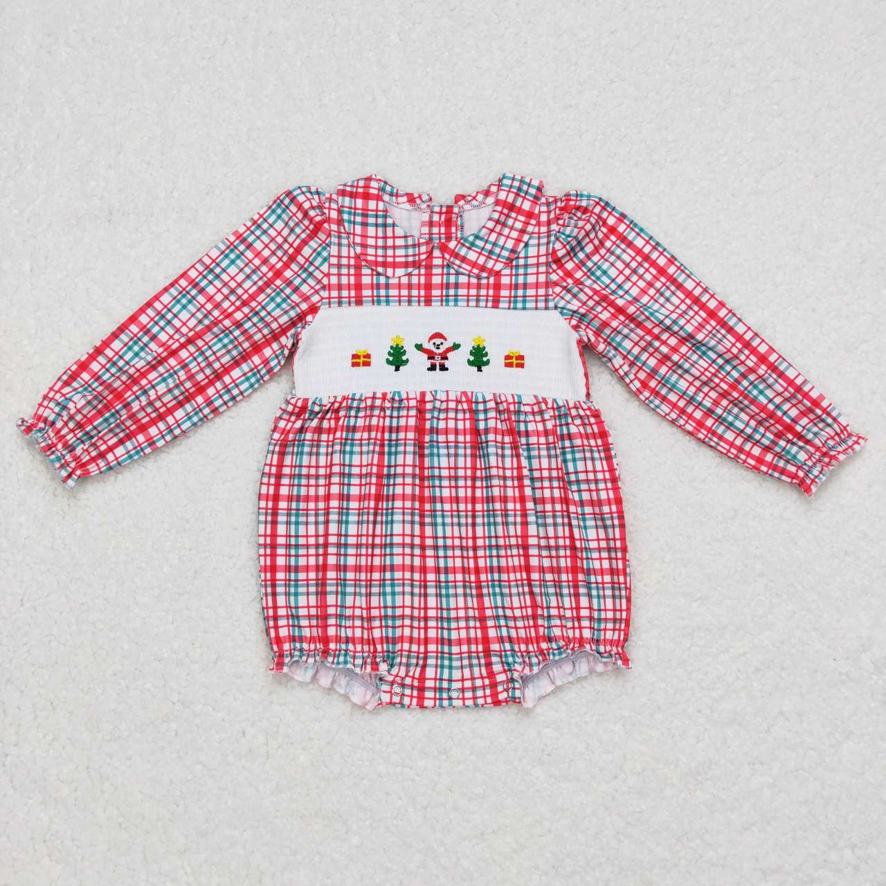 LR0571 Green Red Plaid Santa Gift Embroidery Smocked Baby Girls Bubble Romper