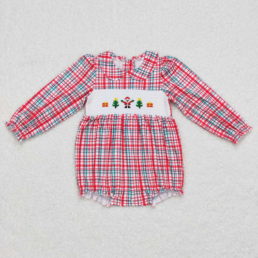 LR0571 Green Red Plaid Santa Gift Embroidery Smocked Baby Girls Bubble Romper