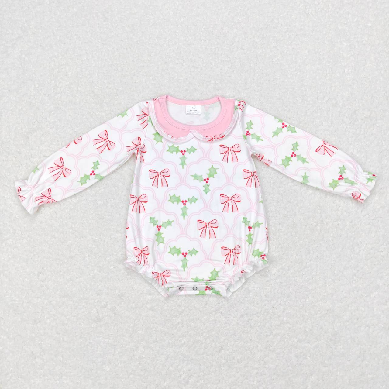 LR0577 Pink Bows Holly Print Baby Girls Christmas Romper