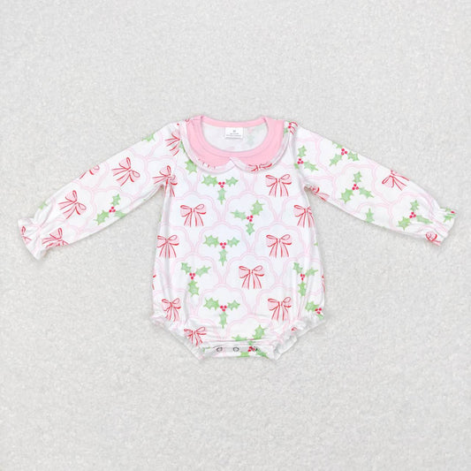 LR0577 Pink Bows Holly Print Baby Girls Christmas Romper