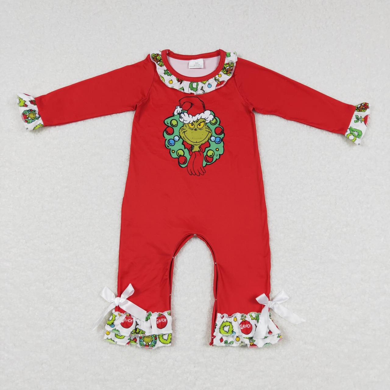 LR0578 Christmas Green Frog Print Baby Girls Romper