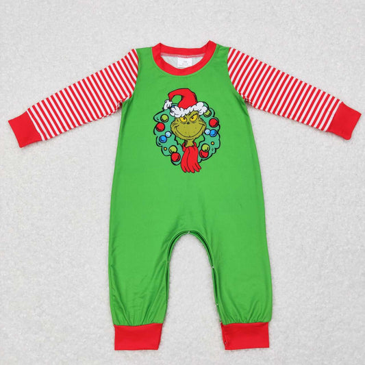 LR0579 Christmas Green Frog Print Baby Boys Romper