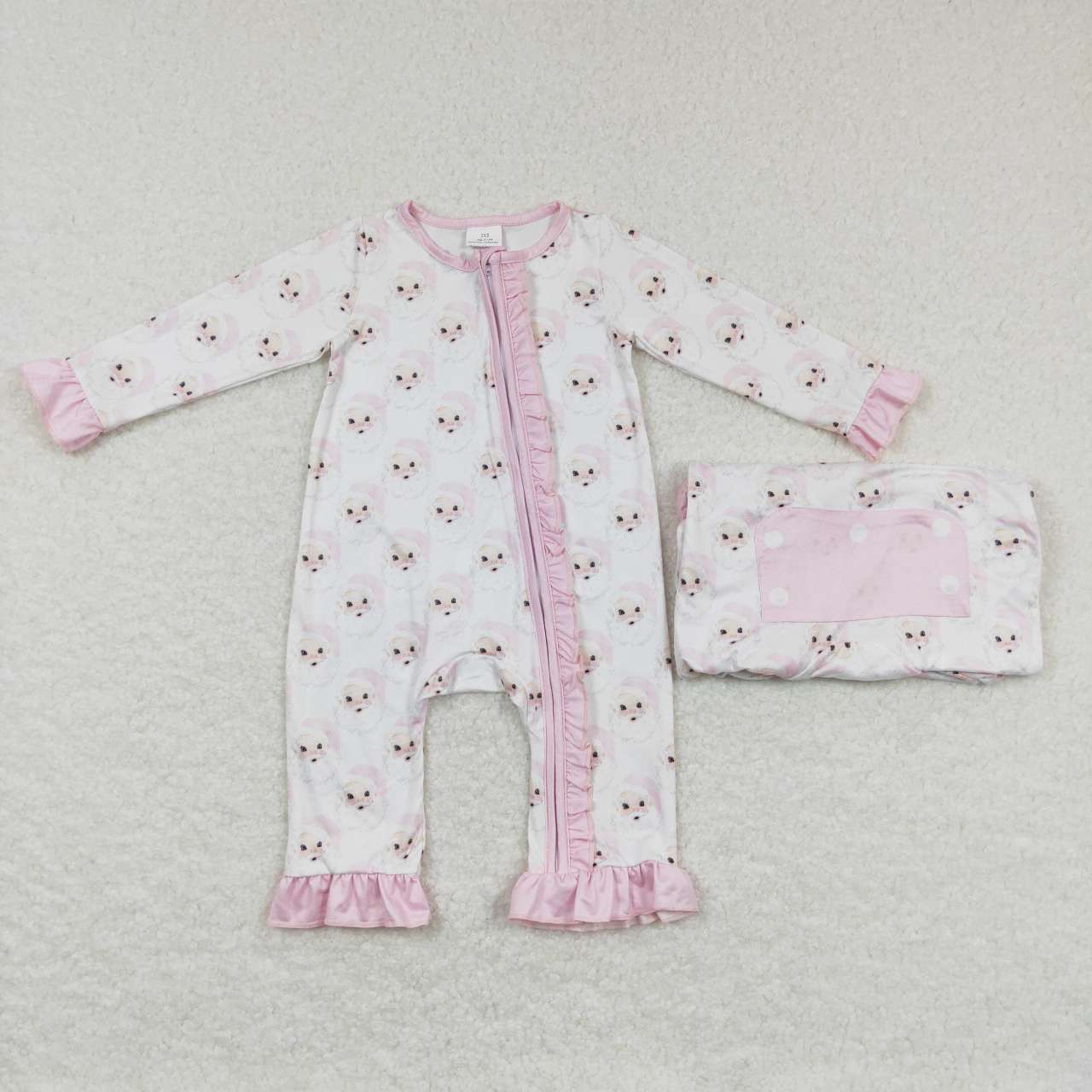 LR0584 Pink Santa Print Baby Girls Sleeper Christmas Zipper Romper