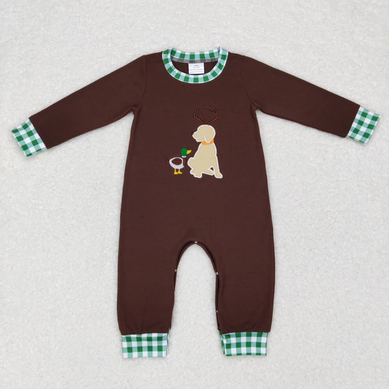 LR0591 Dog duck embroidery print baby boys go hunting romper