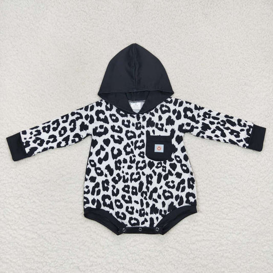 LR0595 Black leopard print baby pocket hoodie romper
