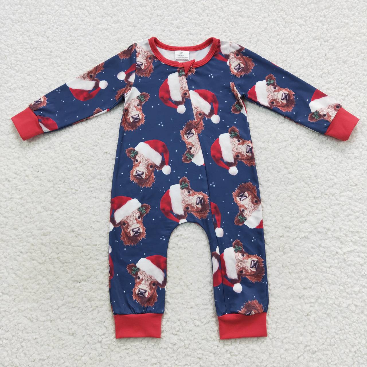 LR0597 Highland cow print baby Christmas zipper romper