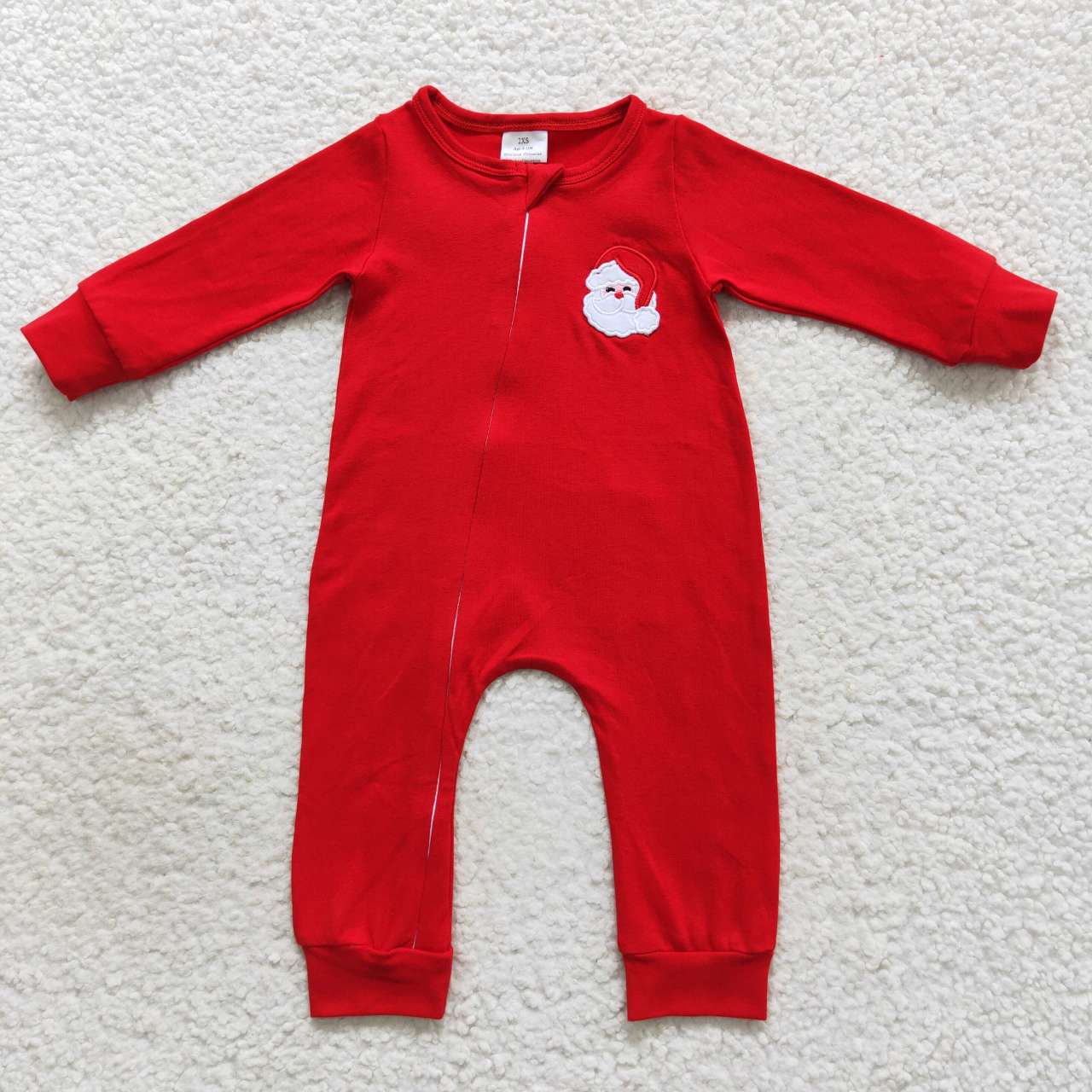 LR2052 Red Christmas Santa Embroidery Print Cotton Baby Boys Sleeper Zipper Romper