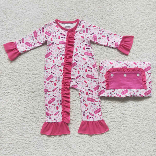 LR0600 Pink BA print baby girls zipper romper