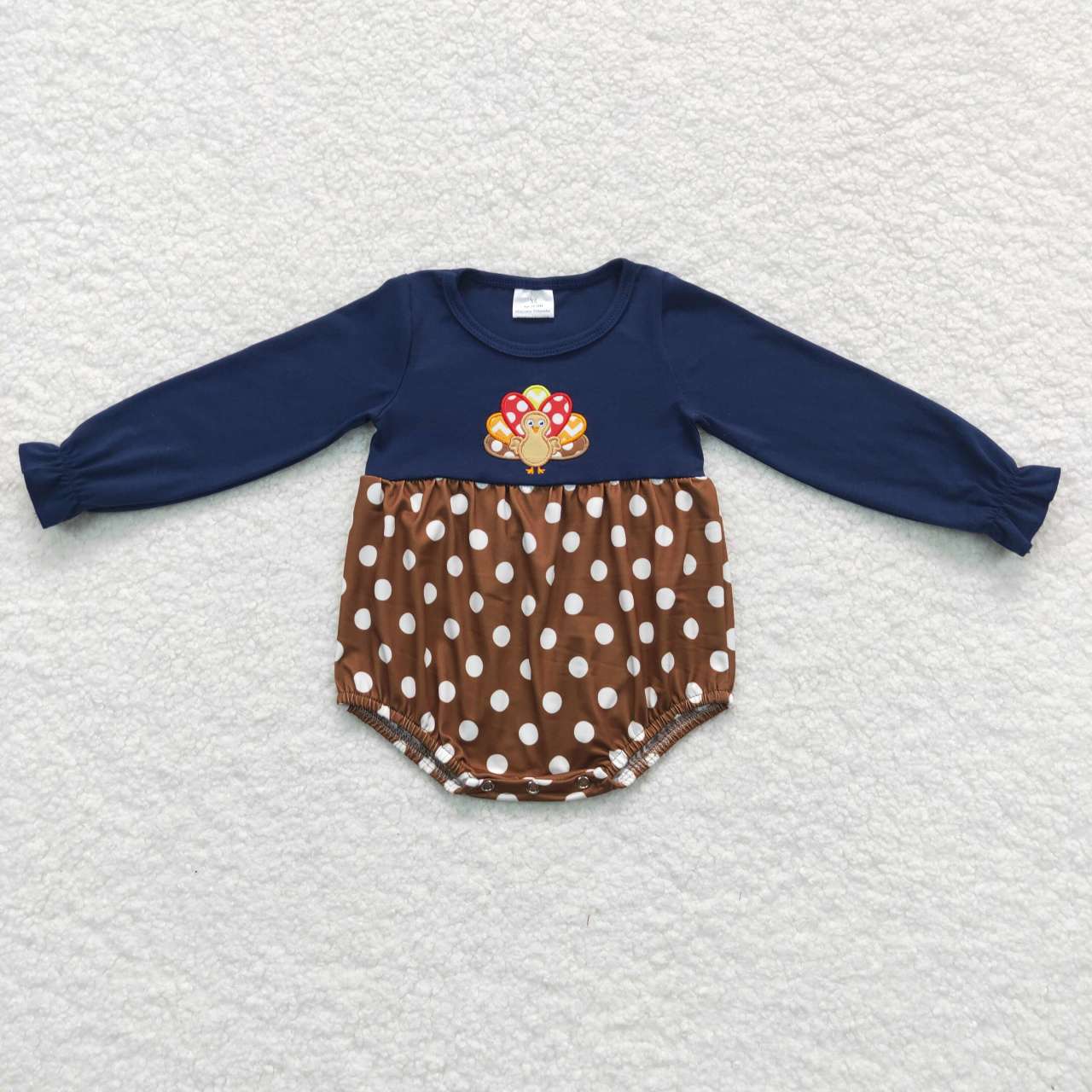 LR0605 Navy Turkey Embroidery Baby Girls Thanksgiving Romper