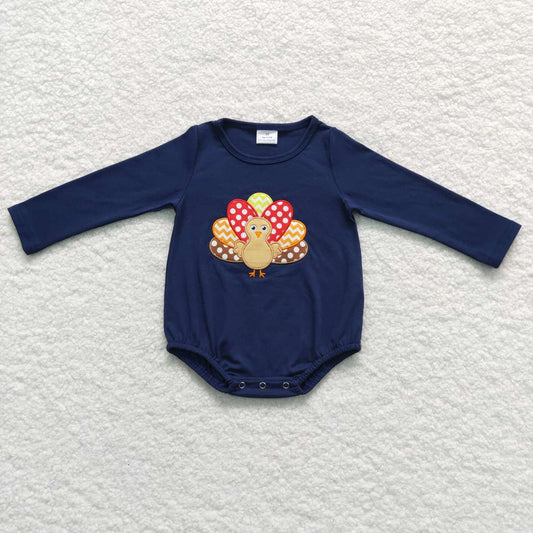 LR0606 Navy Turkey Embroidery Baby Boys Thanksgiving Romper