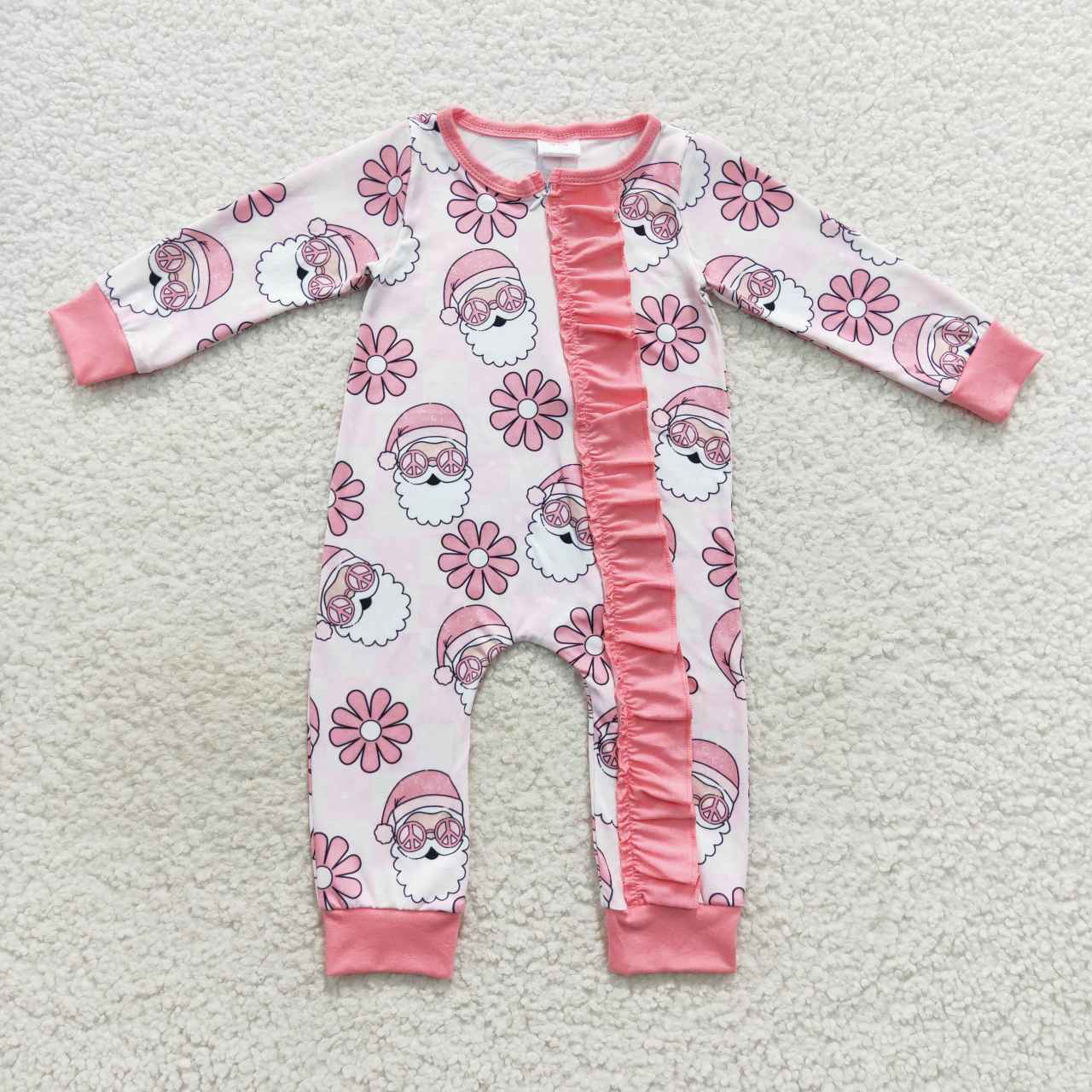 LR0615 Pink Santa and flowers baby girls Christmas zipper romper