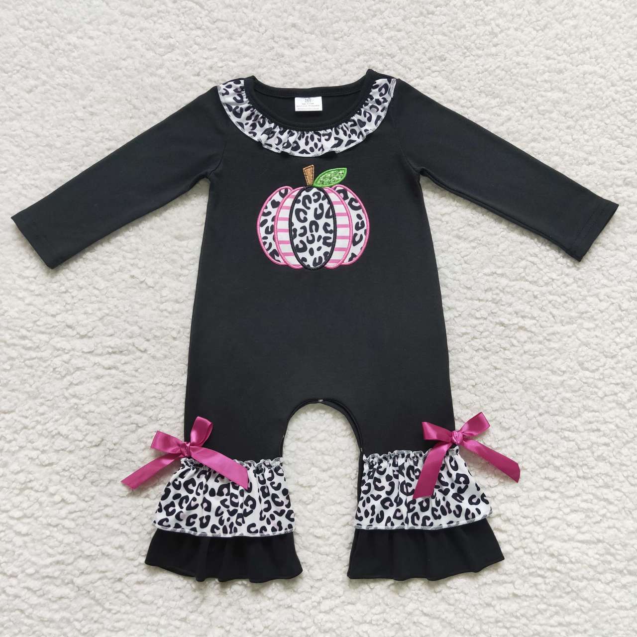 LR0618 Pumpkin leopard embroidery print baby girls fall romper