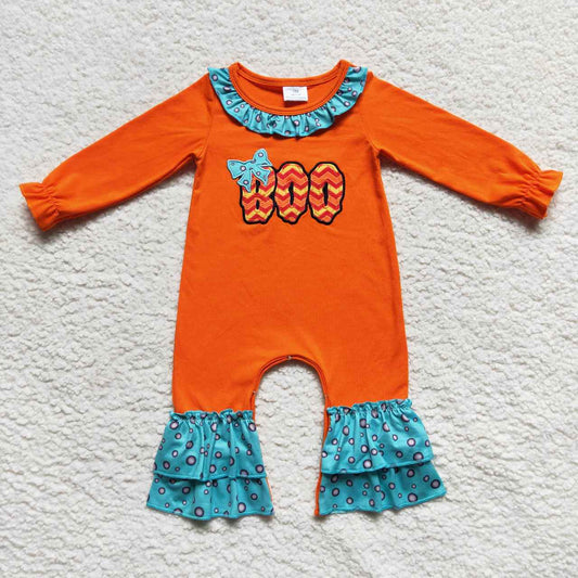 LR0619 Boo orange embroidery print baby girls Halloween romper