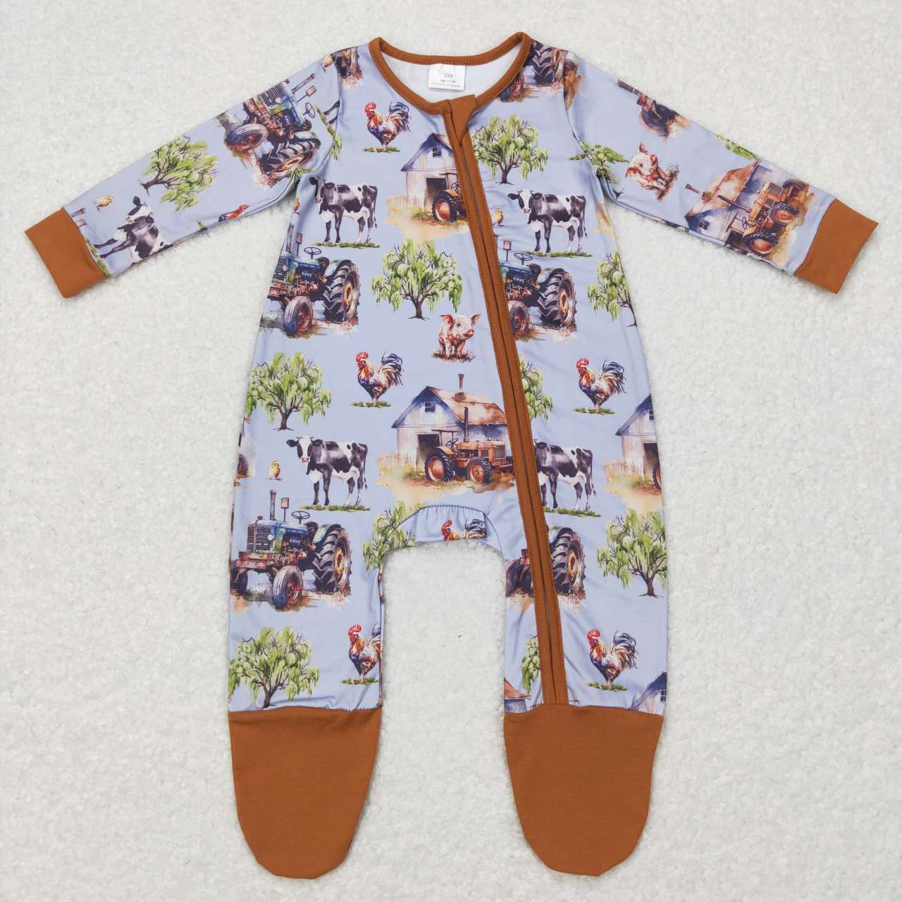 LR0632 Farm Animal Tractors Print Baby Boys Sleeper Footed Zipper Romper