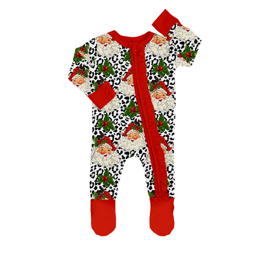 (Pre-order) LR0639 Leopard Santa print Christmas baby girls footed zipper romper