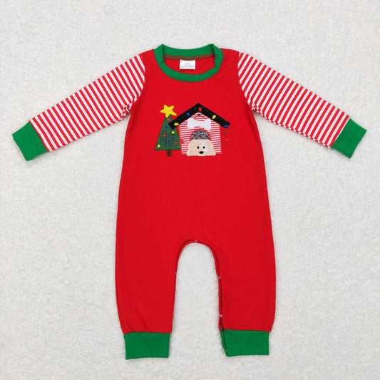 LR0659 Christmas Tree Dog Embroidery Print Baby Boys Romper