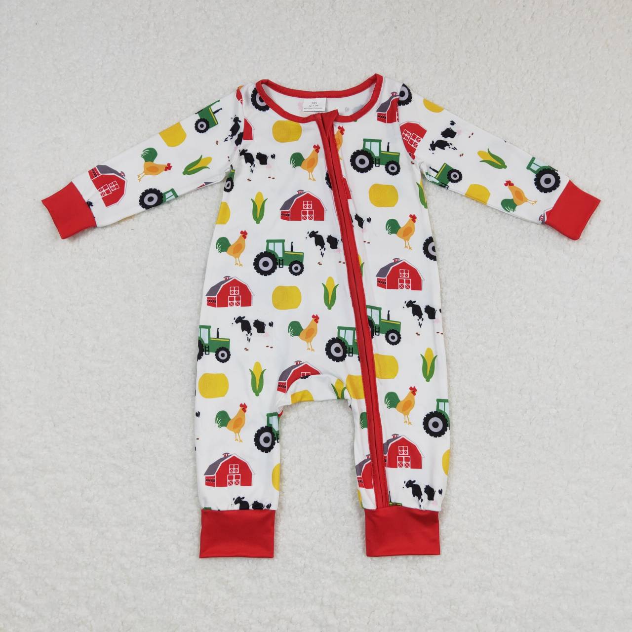 LR0672 Red Farm Animals Print Baby Boys Sleeper Zipper Romper