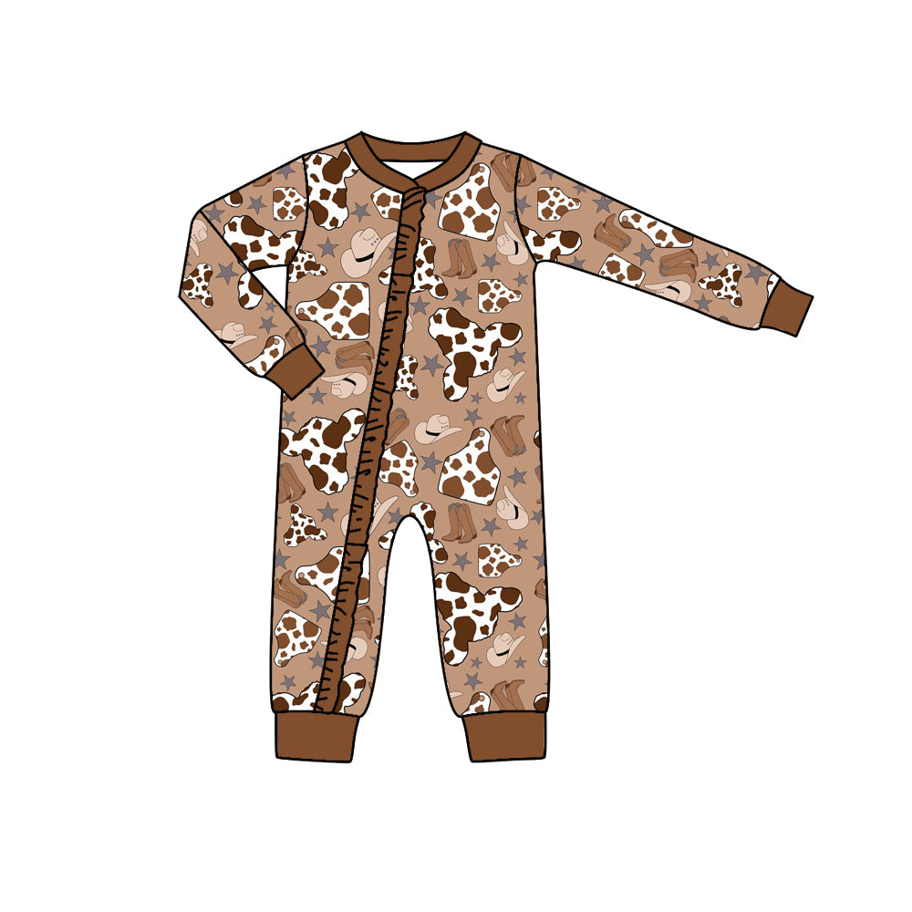 (Pre-order) LR0679 Brown Cow Print baby girls zip romper