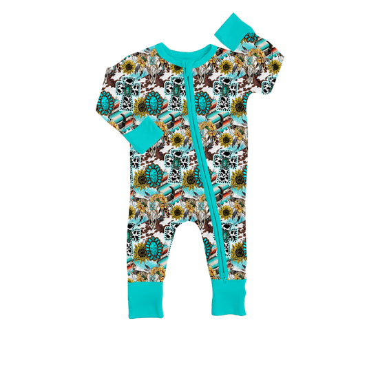 (Pre-order) LR0680 Turquoise sunflowers print baby girls zip romper
