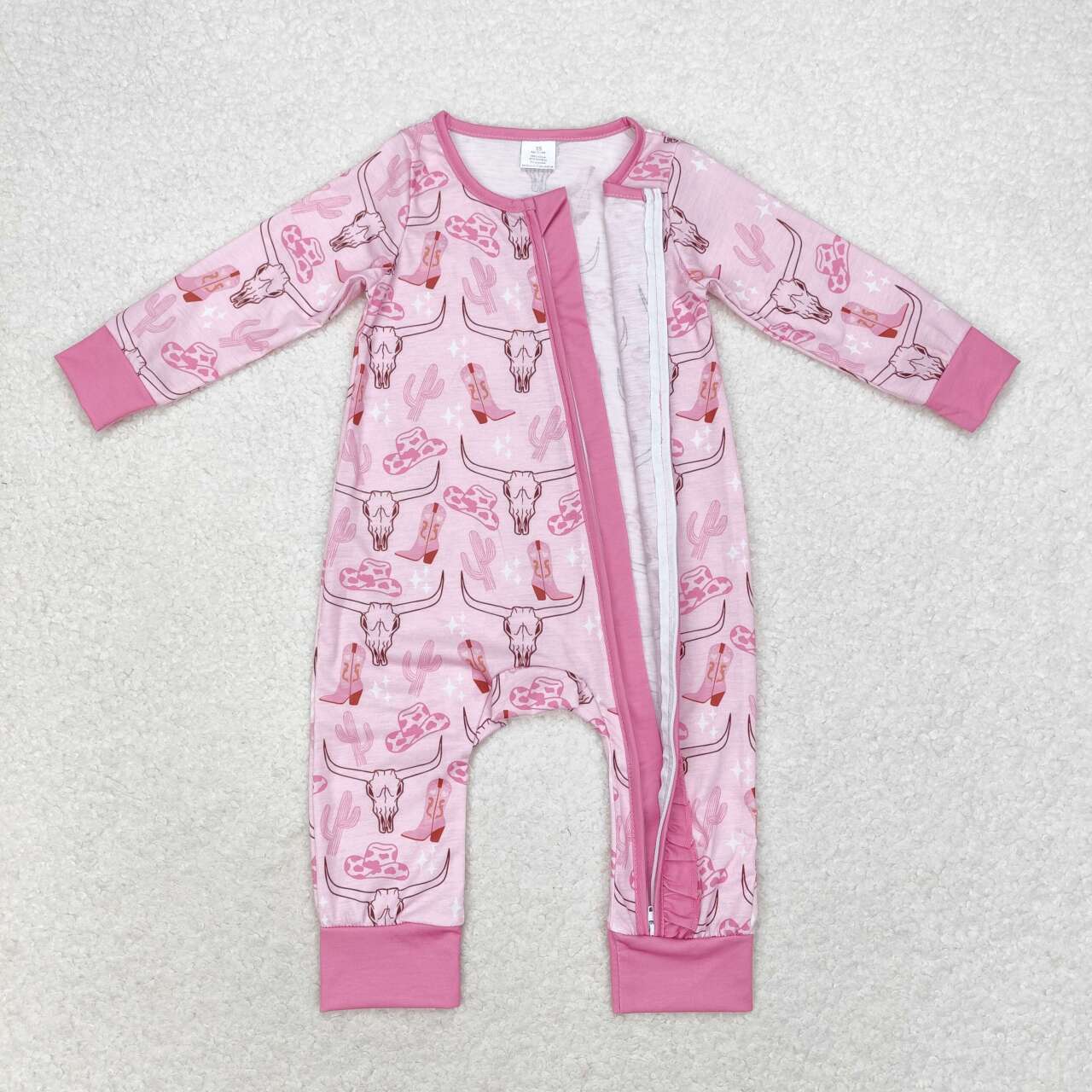 LR0689 Pink Cow Skull Boots Print Baby Girls Western Bamboo Sleeper Zipper Romper