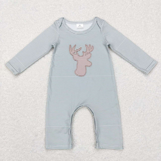 LR0694 Grey Stripes Dear Embroidery Print Baby Boys Romper