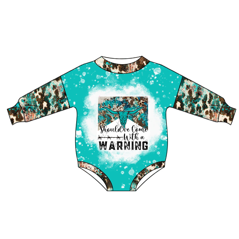 (Pre-order) LR0695 Warning cow skull aqua print baby boys western romper