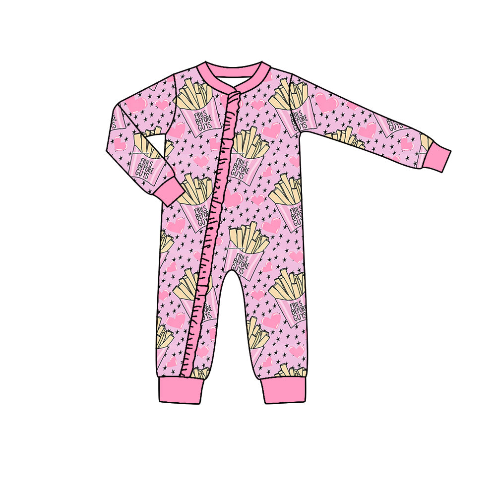 (Pre-order)LR0704 Pink FRIES Print Baby Girls Zip Romper