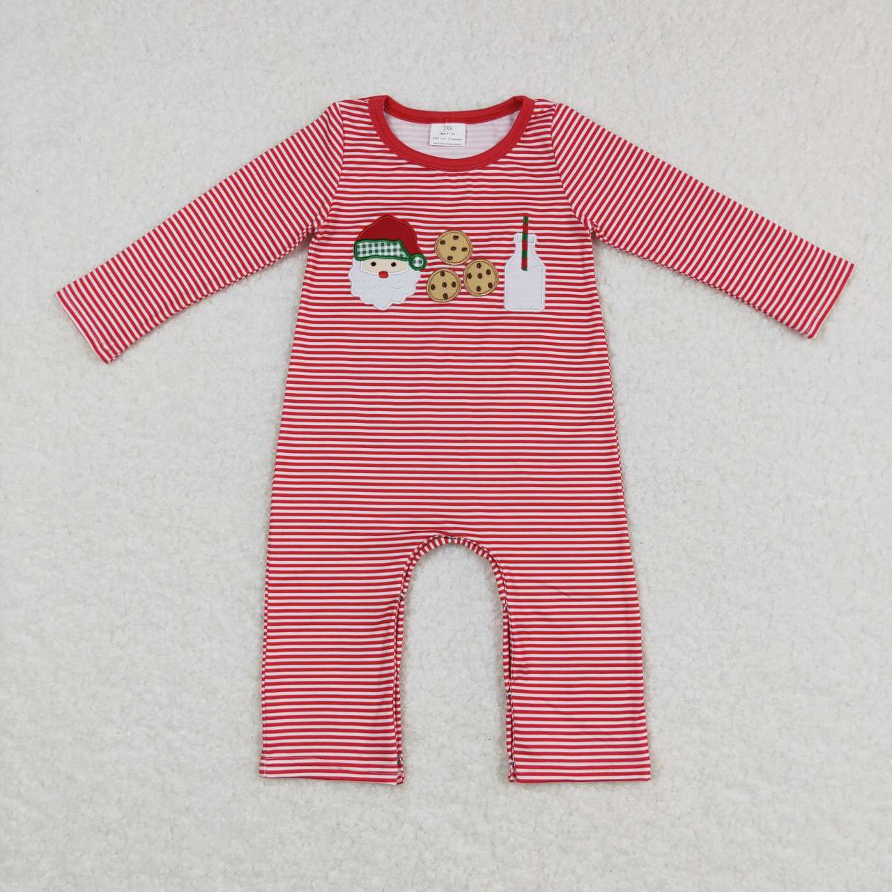 LR0707 Santa Cookie Milk Red Stripes Embroidery Print Baby Boys Christmas Romper