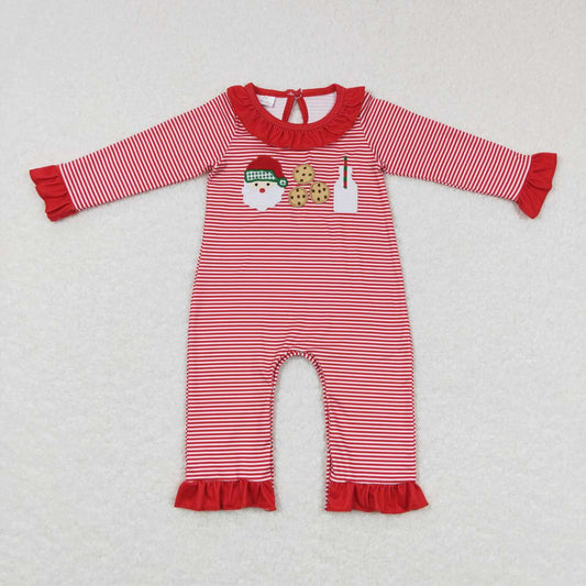LR0708 Santa Cookie Milk Embroidery Red Stripes Print Baby Girls Christmas Romper
