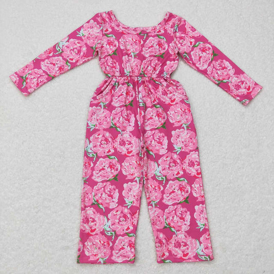 LR0715 Pink Flowers Print Baby Girls Jumpsuit