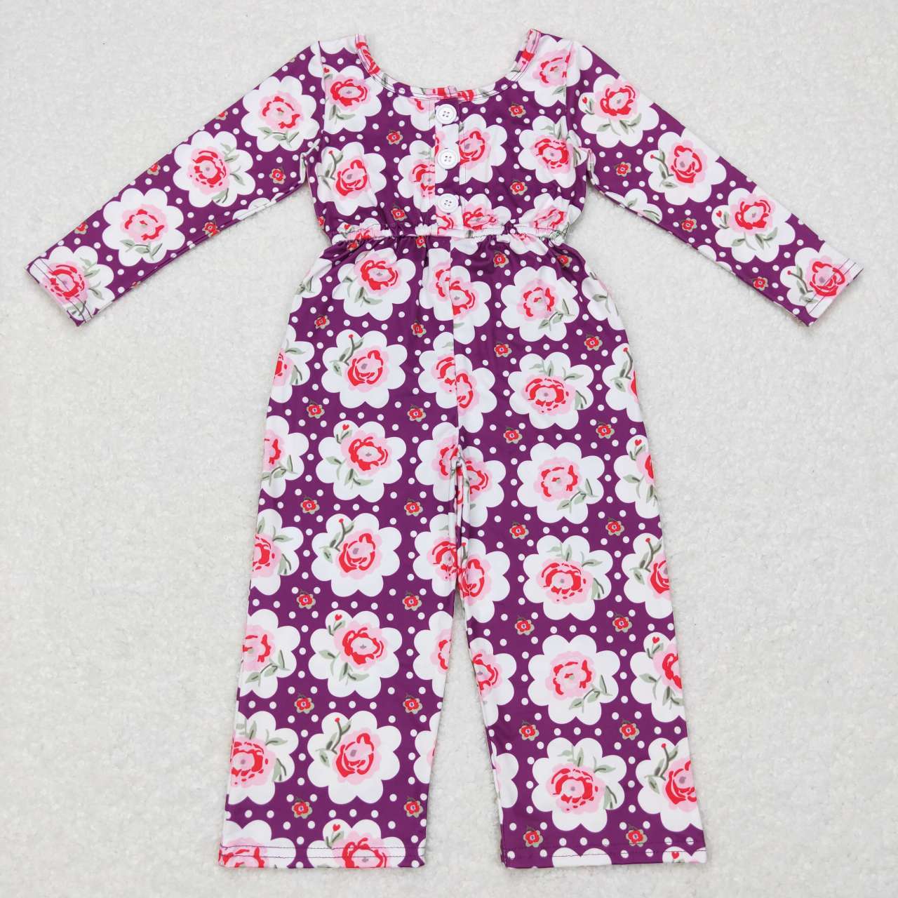 LR0716 Purple Flowers Print Baby Girls Jumpsuit