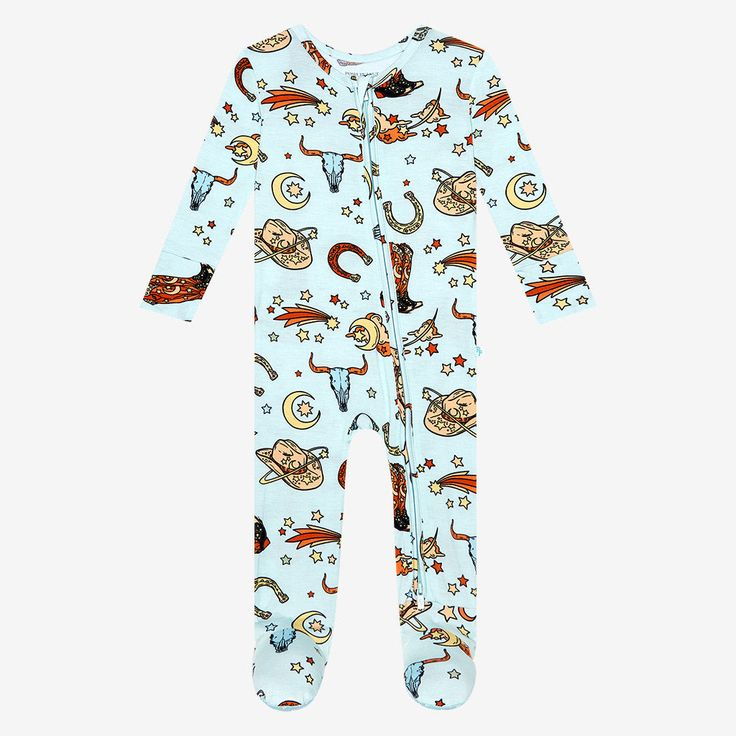 (Pre-order) LR0719 Blue Cow Skull Boots Hat Baby Boys Zip Footed Romper