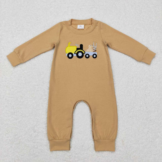 LR0729 Tractors Dog Embroidery Print Hunting Baby Boys Romper