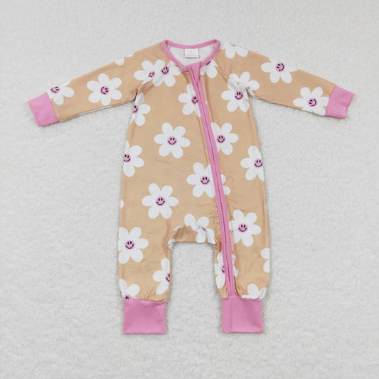LR0732 Pink Mustard Flowers Print Baby Girls Zipper Sleeper Romper