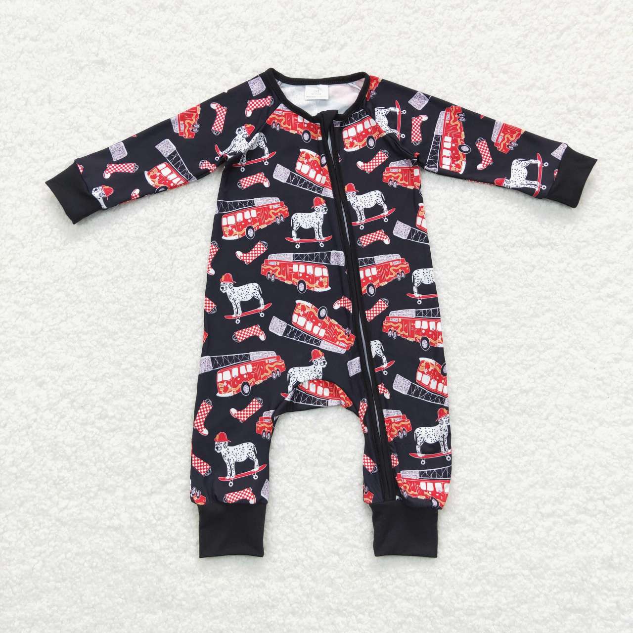 LR0735 Fire Fighting Truck Dog Print Baby Boys Sleeper Zipper Romper