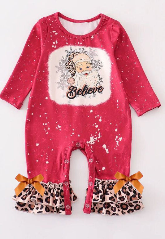 (Pre-order) LR0738 Santa Red Leopard Baby Girls Christmas Romper