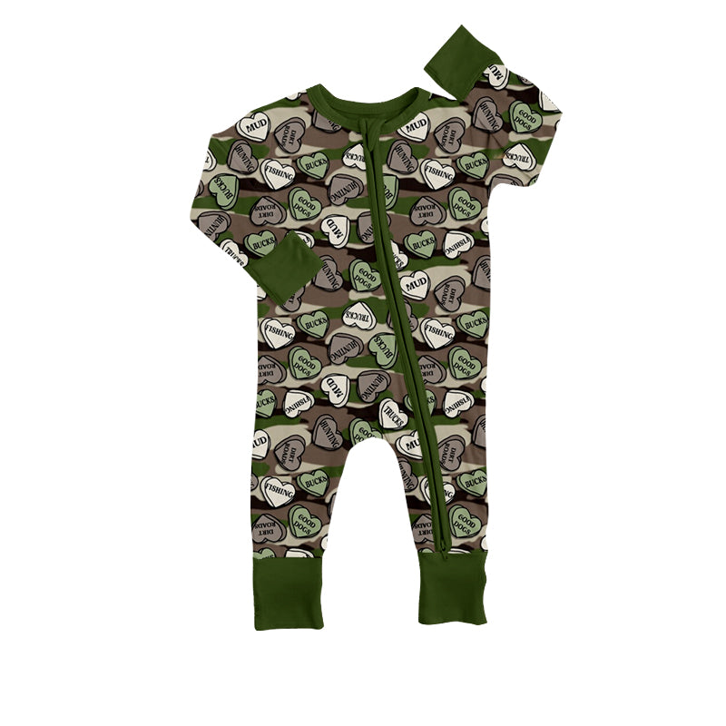 (Pre-order) LR0746 Green Camo Heart Print Baby Zip Romper