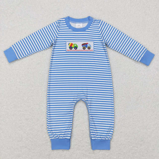 LR0750 Blue Construction Embroidery Print Baby Boys Romper