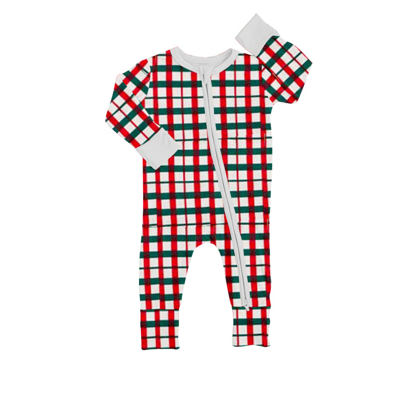 (Pre-order) LR0755  Red Green Plaid Print Baby Christmas Zip Romper