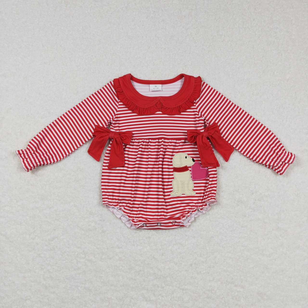 LR0763 Red Stripes Dog Heart Embroidery Print Baby Girls Valentine's Day Romper