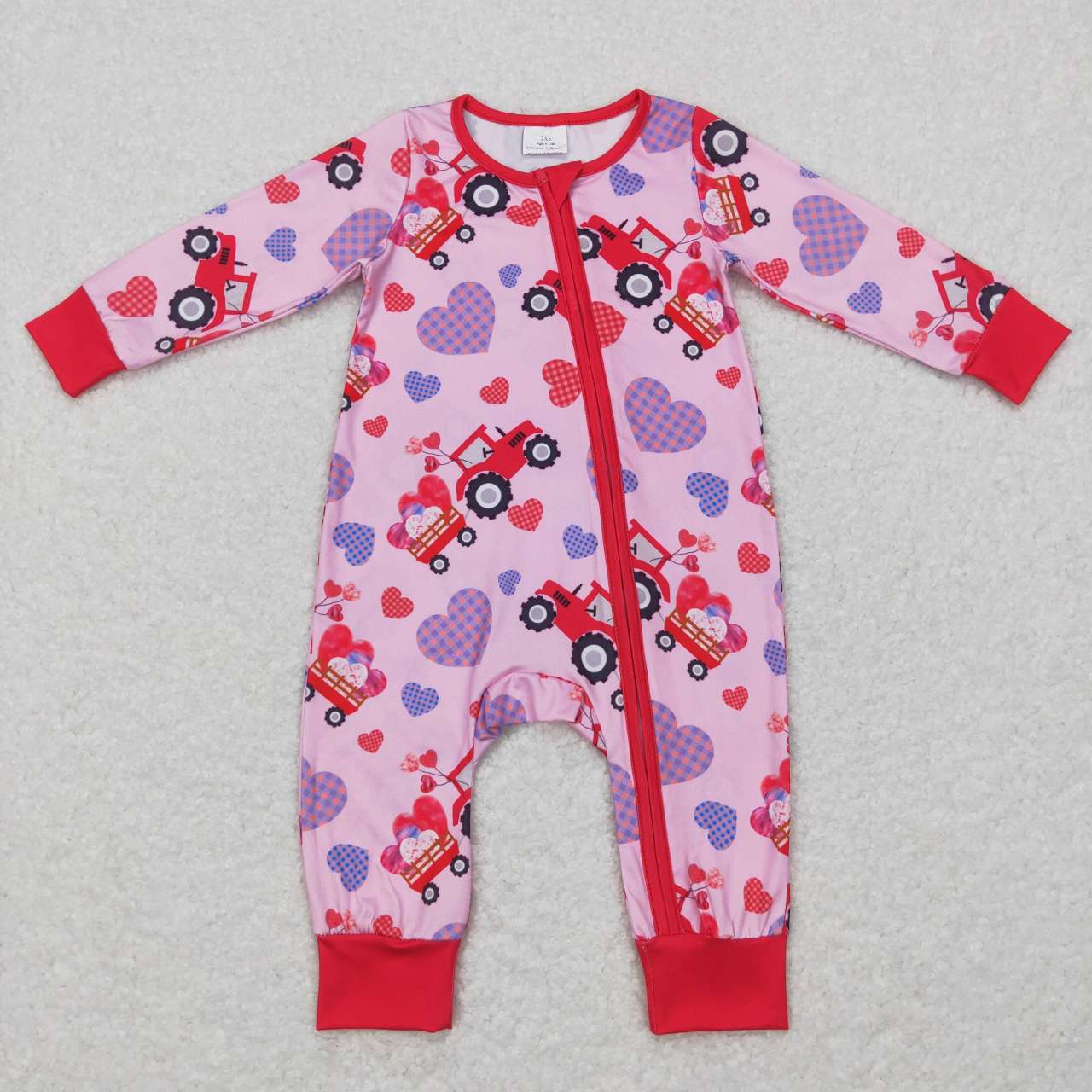 LR0774  Pink Truck Heart Print Baby Girls Valentine's Day Zipper Romper