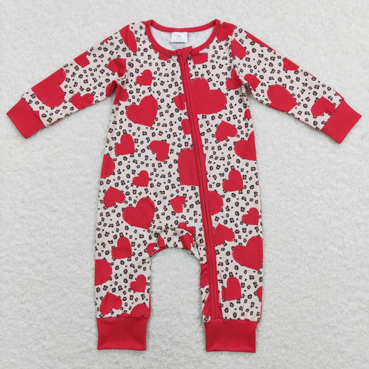 LR0775  Red Heart Leopard Print Baby Girls Valentine's Day Zipper Romper