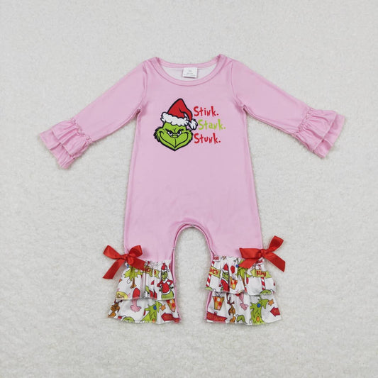 LR0778 Pink Christmas Frog Face Print Baby Girls Romper