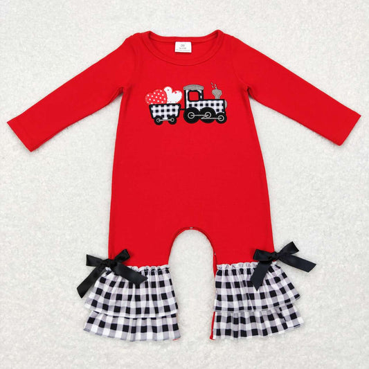 LR0780 Red Heart Truck Embroidery Print Baby Girls Valentine's Romper