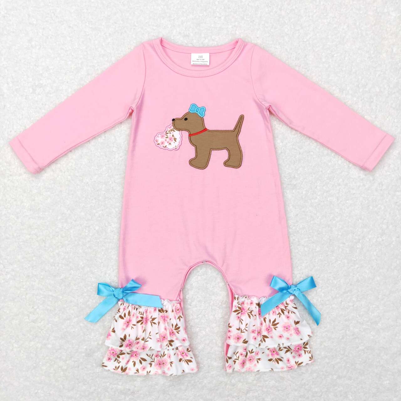 LR0789  Pink Flowers Heart Dog Embroidery Print Baby Girls Valentine's Romper