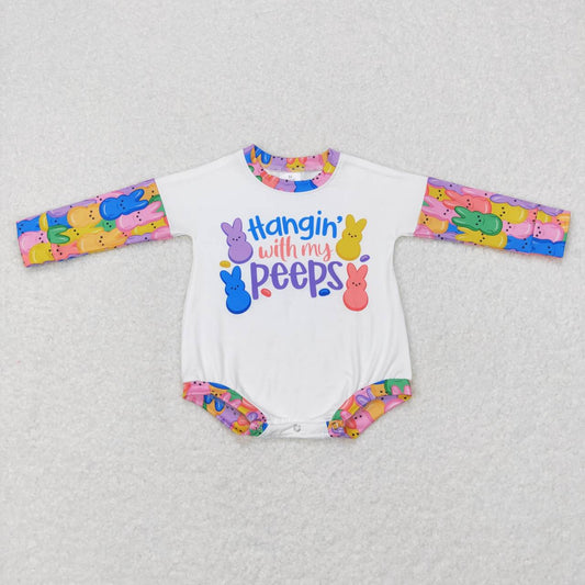 LR0792 Hangin' With My Peeps Bunny Print Baby Girls Easter Romper