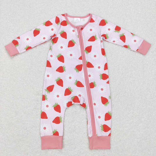 LR0795 Pink Flowers Strawberry Print Baby Girls Sleeper Zipper Romper