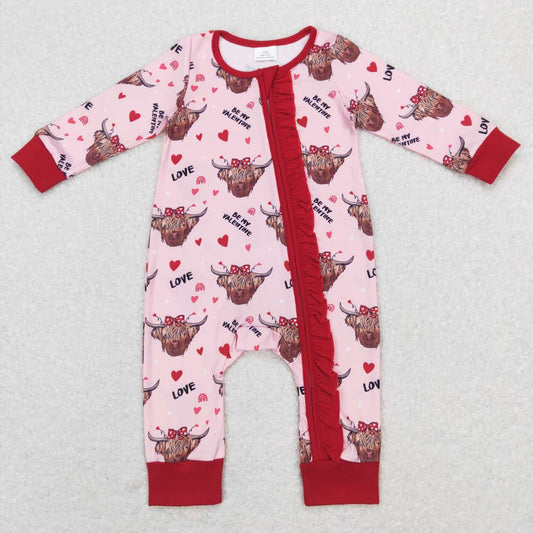 LR0804 Highland Cow Heart Love Print Baby Girls Valentine's Sleeper Zipper Romper