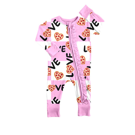 (Pre-order)LR0807 Pink Plaid Love Heart Pizza Print Baby Girls Sleeper Zipper Romper