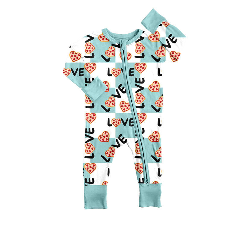 (Pre-order)LR0808 Blue Plaid Love Heart Pizza Print Baby Boys Sleeper Zipper Romper